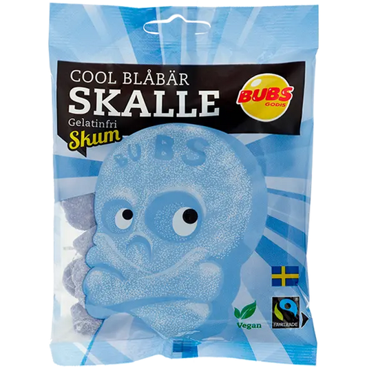 Cool Blåbär Skalle Skum is a Swedish candy with soft, foamy skull-shaped gummies flavored with sweet blueberry.