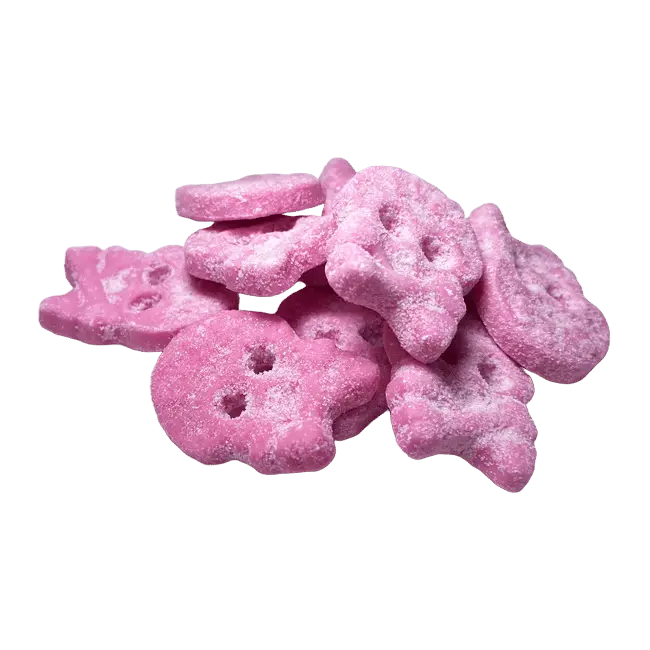 Cool Raspberry Skull by Bubs offers a unique twist on fruity candy, featuring a tangy raspberry taste in a playful skull design.