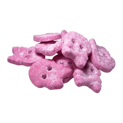 Cool Raspberry Skull by Bubs offers a unique twist on fruity candy, featuring a tangy raspberry taste in a playful skull design.