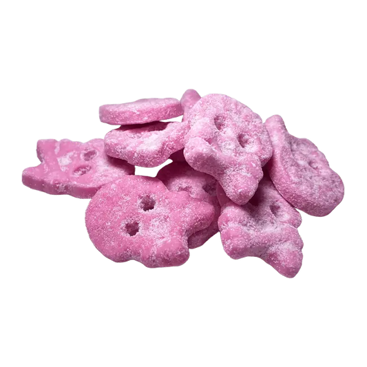 Cool Raspberry Skull by Bubs offers a unique twist on fruity candy, featuring a tangy raspberry taste in a playful skull design.