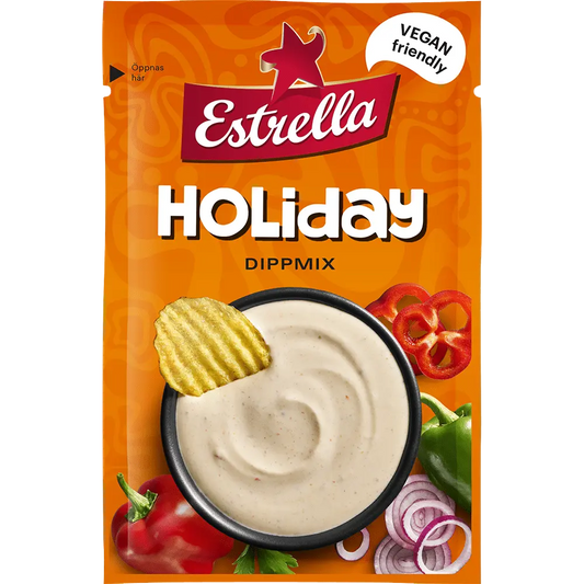 Estrella Dippmix Holiday – a Swedish dip mix that pairs well with chips, blending creamy, tangy, and herbaceous flavors.