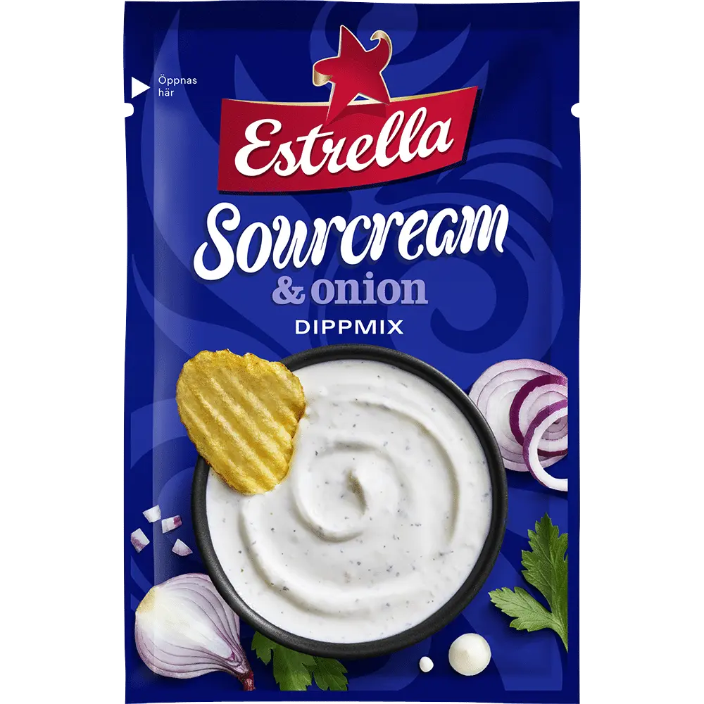 Estrella Dippmix Sourcream Onion – a creamy Swedish dip mix with tangy sour cream and savory onion flavors.