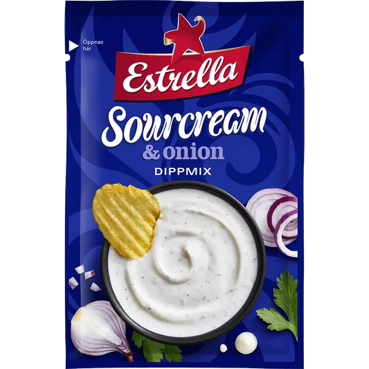 Estrella Dippmix Sourcream Onion – a creamy Swedish dip mix with tangy sour cream and savory onion flavors.