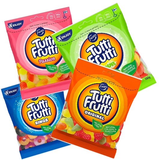 Fazer Tutti Frutti Bundle 4-Pack – a collection of fruity, chewy Swedish candy with natural colors and flavors.