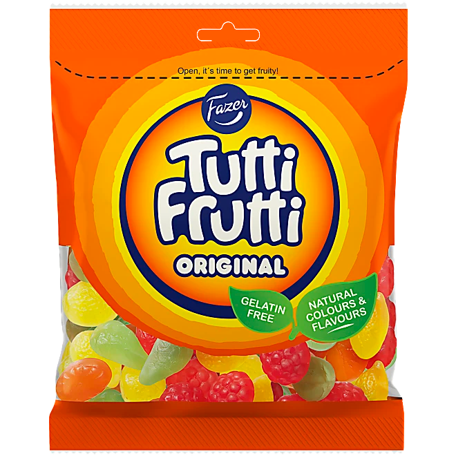 Fazer Tutti Frutti Original, a classic Swedish candy selection featuring chewy and refreshing fruit-flavored gummies.