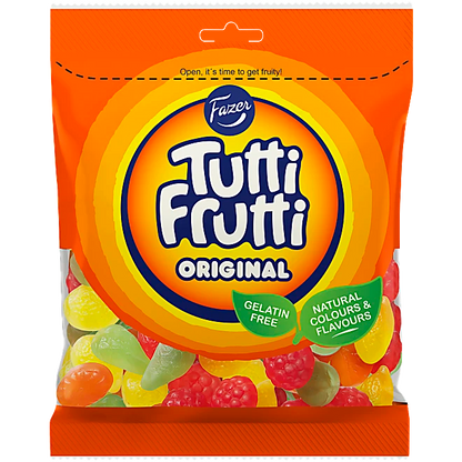 Fazer Tutti Frutti Original, a classic Swedish candy selection featuring chewy and refreshing fruit-flavored gummies.