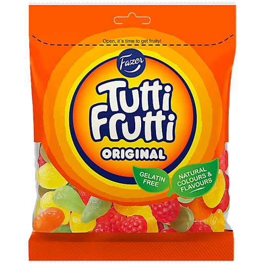 Fazer Tutti Frutti Original, a classic Swedish candy selection featuring chewy and refreshing fruit-flavored gummies.