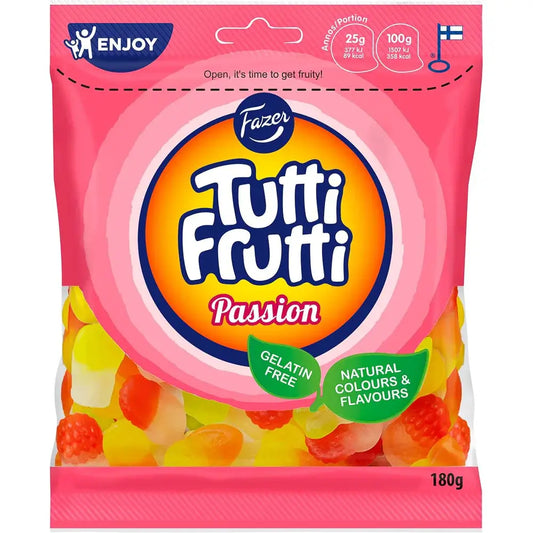 Fazer Tutti Frutti Passion, a refreshing selection of chewy Swedish gummies bursting with exotic fruit flavors.