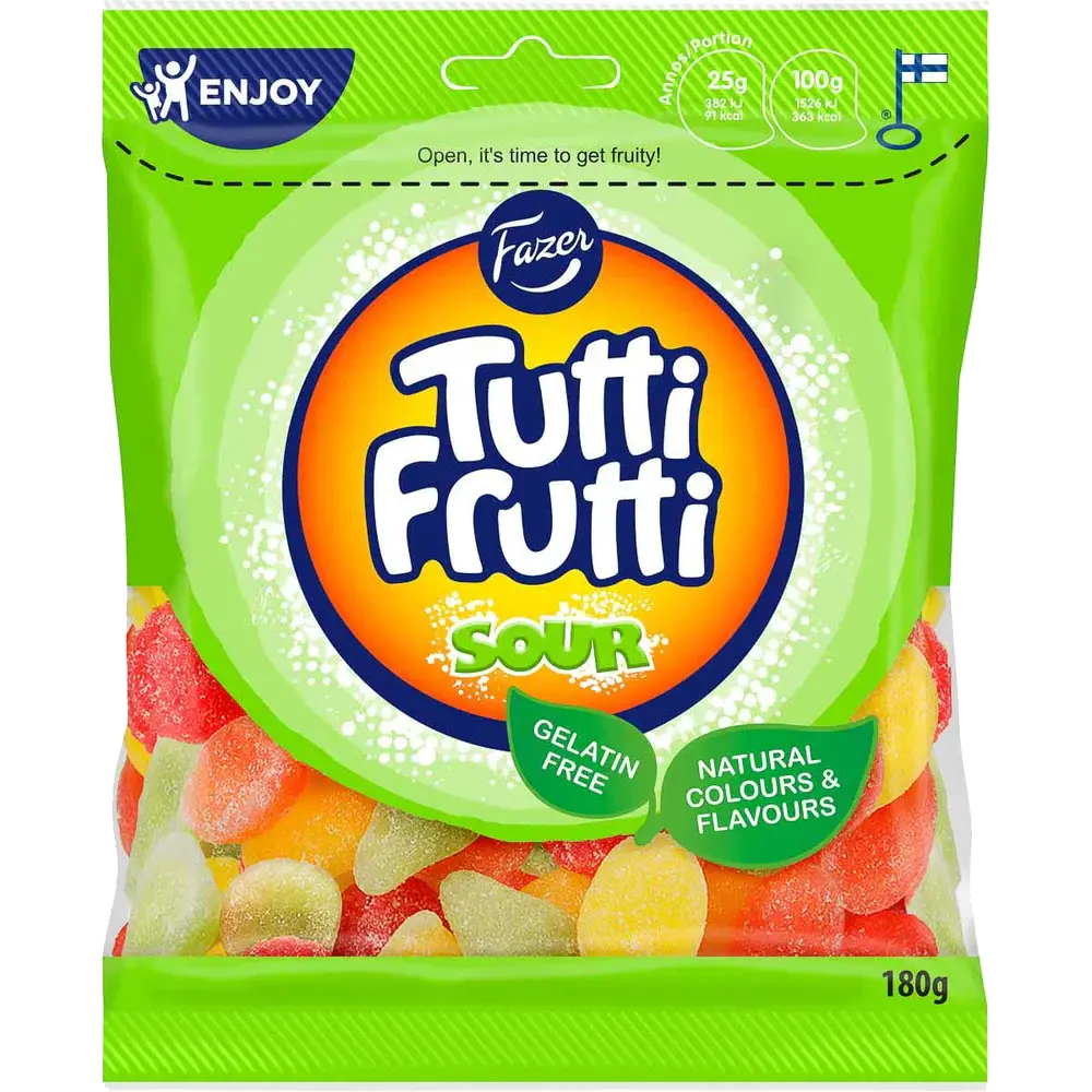 Fazer Tutti Frutti Sour, a refreshing selection of chewy Swedish gummies with a bold and zesty sour taste.