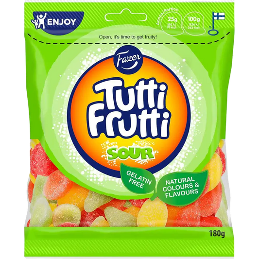 Fazer Tutti Frutti Sour, a refreshing selection of chewy Swedish gummies with a bold and zesty sour taste.