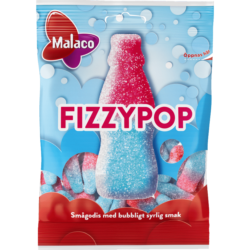 Display of Malaco Fizzypop, offering chewy Swedish sweets with a burst of fizzy, sour crystals that pop in your mouth.