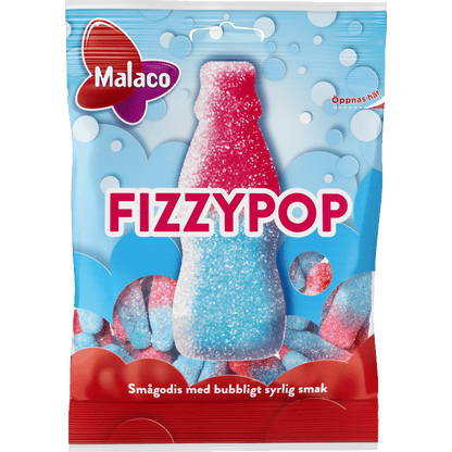 Display of Malaco Fizzypop, offering chewy Swedish sweets with a burst of fizzy, sour crystals that pop in your mouth.