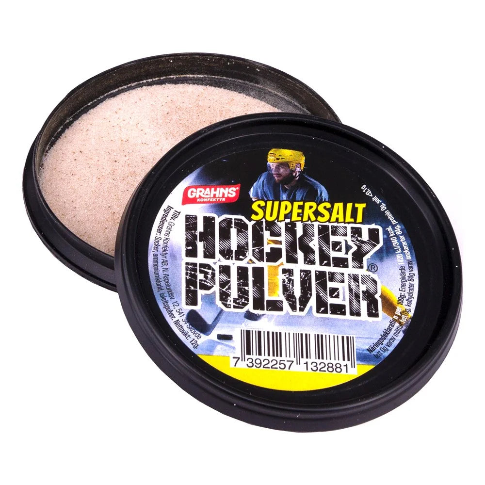 Hockeypulver Salt – classic Swedish candy powder with a salty, licorice-inspired flavor.