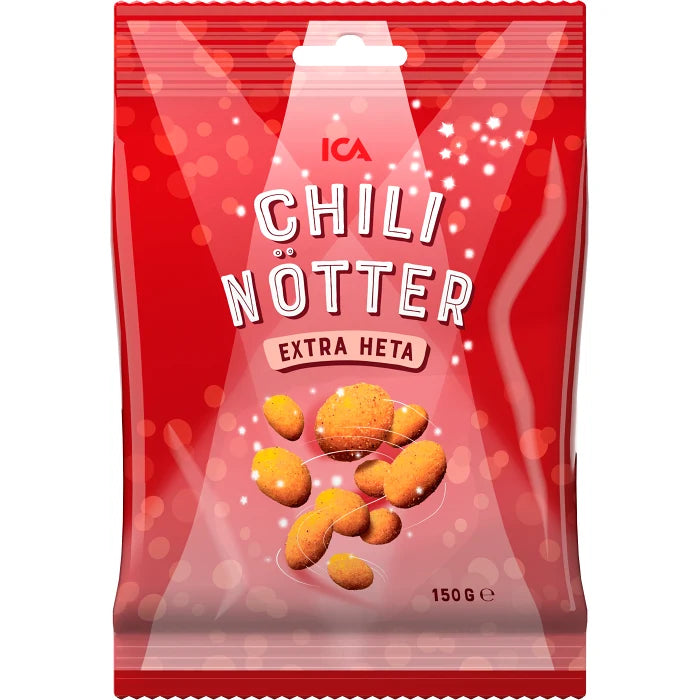 ICA Chilinötter Extra Heta – extra spicy Swedish chili peanuts, perfect for those who enjoy a fiery snack.