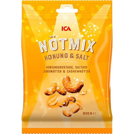 ICA Nötmix Honung & Salt – a Swedish nut mix with sweet honey-roasted and salted nuts for a balanced flavor.