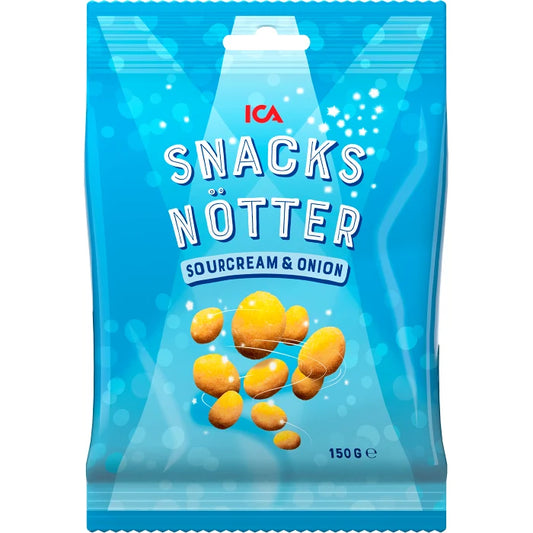 ICA Snacksnötter Sourcream Onion – crunchy Swedish peanuts coated in tangy sour cream and onion seasoning.