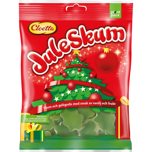 Juleskum Granar by Cloetta, a seasonal Swedish treat with fluffy marshmallow candies shaped like Christmas trees.