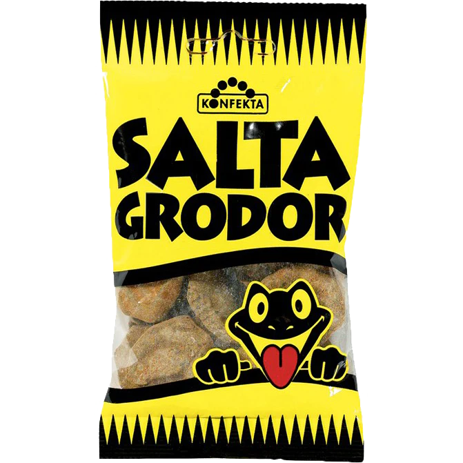 Salta Grodor by Kontakta, a unique Swedish treat featuring salty gummy frogs.