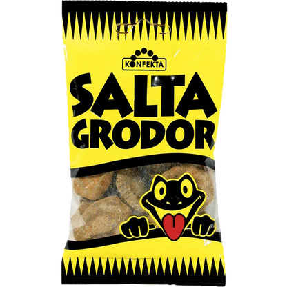 Salta Grodor by Kontakta, a unique Swedish treat featuring salty gummy frogs.