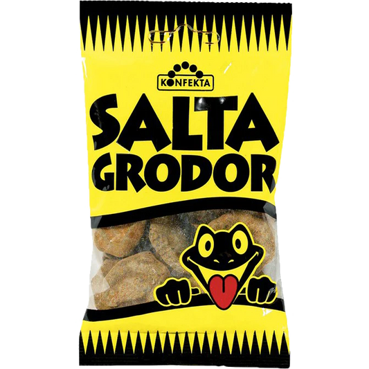 Salta Grodor by Kontakta, a unique Swedish treat featuring salty gummy frogs.