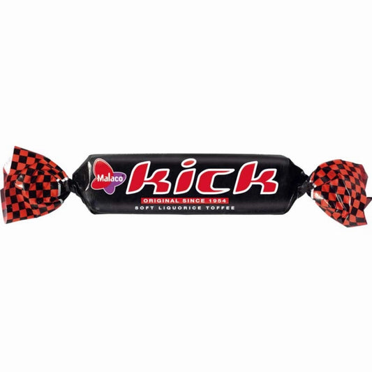 Malaco Kick Original Lakritskola – a Swedish candy featuring chewy toffee with a bold licorice flavor for a sweet and salty treat.