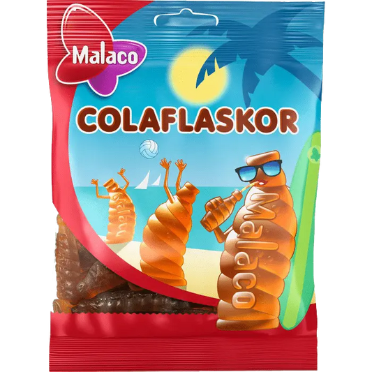 A bag of Malaco Cola Flaskor, sweet and tangy Swedish gummy candies shaped like cola bottles.