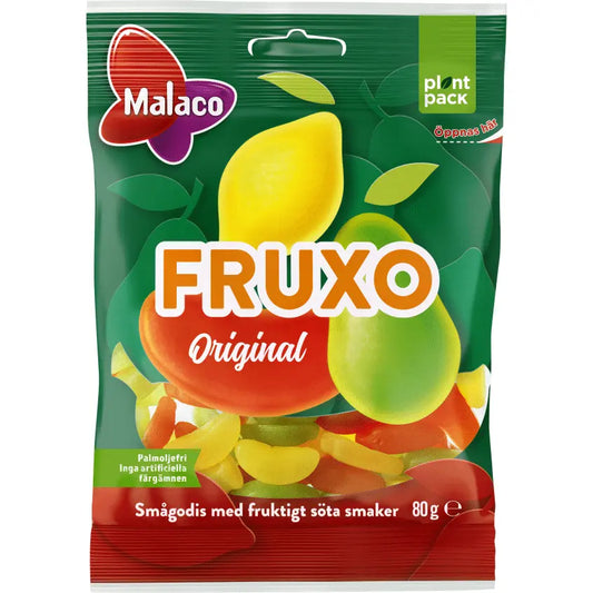 Display of Fruxo, featuring fruity, chewy Swedish sweets in a variety of vibrant flavors.