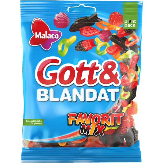 Malaco Gott & Blandat Favoritmix – a popular Swedish candy assortment featuring a mix of fruity, sweet, and sour gummies.