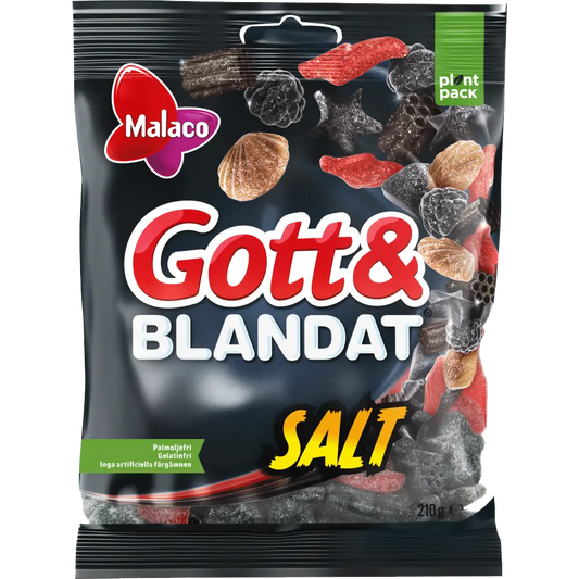 Display of Malaco Gott & Blandat Salt, a Swedish candy assortment with a delicious blend of salty and tangy flavors in various chewy forms.