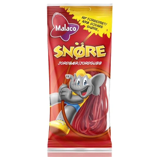 Malaco Jordgubbssnöre Påse – a bag of Swedish candy featuring strawberry-flavored licorice ropes with a chewy texture.