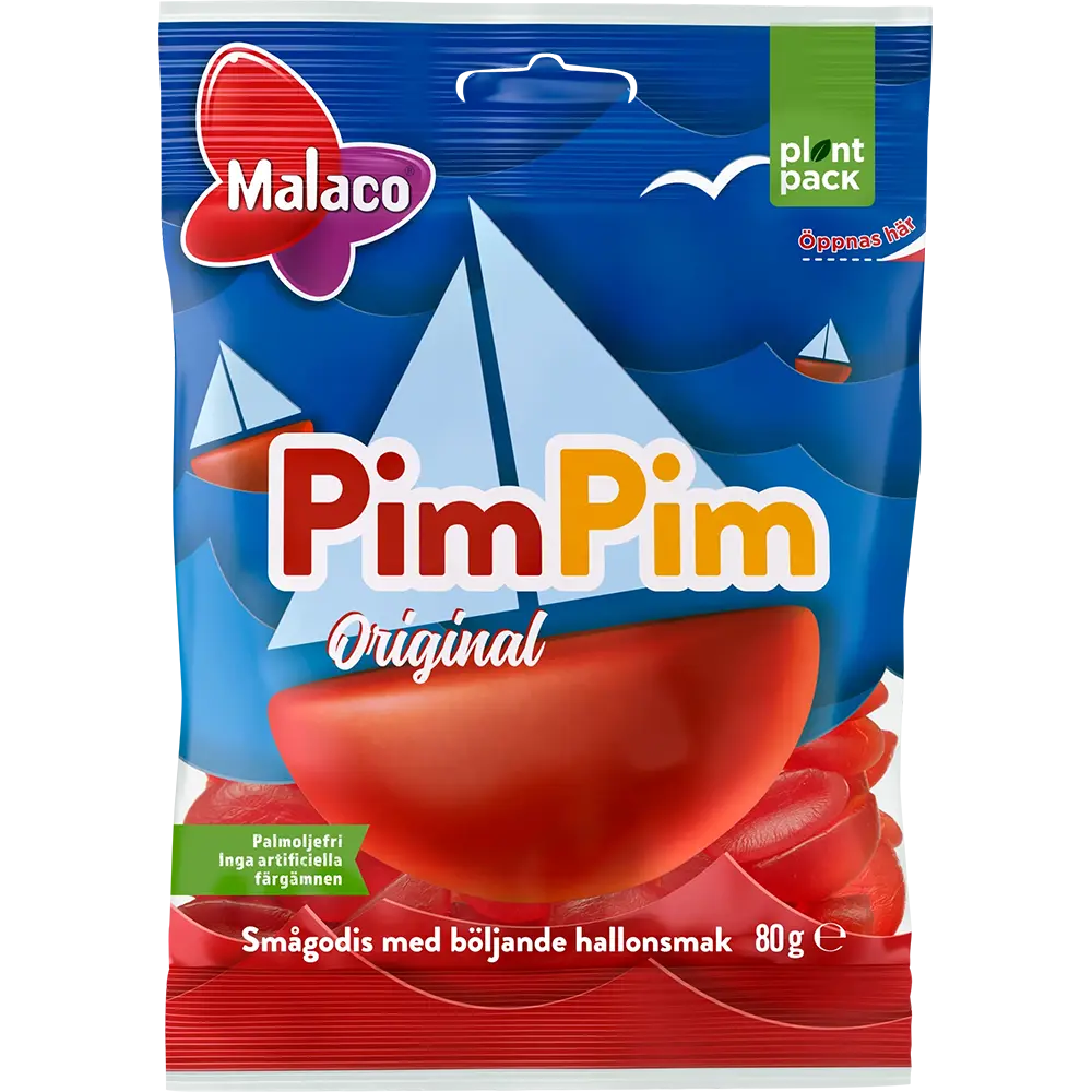 Display of Malaco PimPim, featuring sweet and chewy Swedish gummies in various fruity flavors.