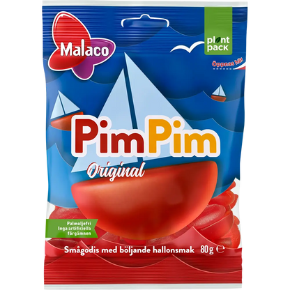 Display of Malaco PimPim, featuring sweet and chewy Swedish gummies in various fruity flavors.