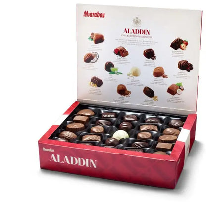 Marabou Aladdin Milk Chocolate – a Swedish chocolate selection featuring creamy milk chocolate and assorted fillings.