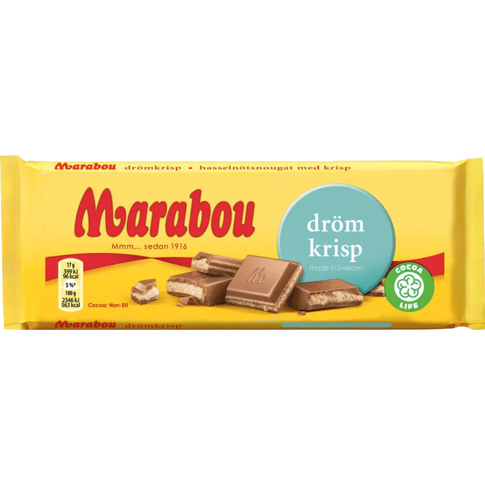 Marabou Drömkrisp, a creamy milk chocolate bar filled with crispy rice for a deliciously crunchy treat.