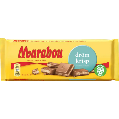 Marabou Drömkrisp, a creamy milk chocolate bar filled with crispy rice for a deliciously crunchy treat.