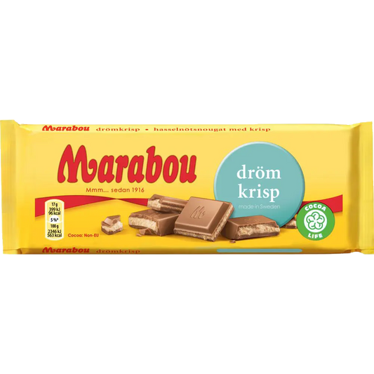 Marabou Drömkrisp, a creamy milk chocolate bar filled with crispy rice for a deliciously crunchy treat.