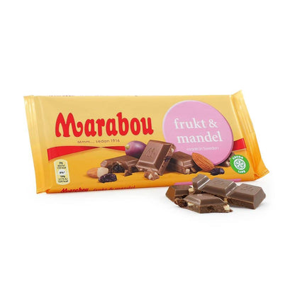 Marabou Frukt & Mandel – a Swedish chocolate bar combining smooth milk chocolate with fruity pieces and crunchy almonds.