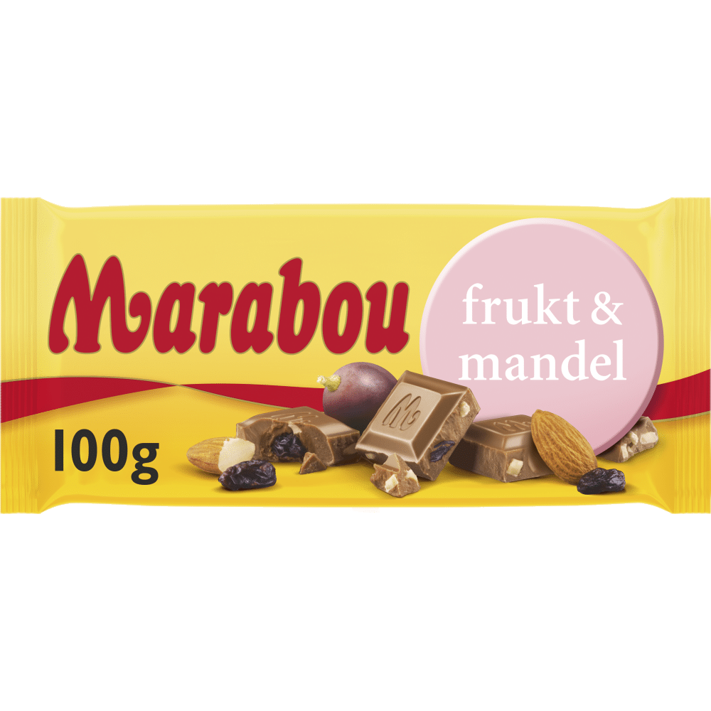 Marabou Frukt & Mandel, a delicious Swedish treat featuring creamy milk chocolate with a blend of fruit pieces and crunchy almonds.