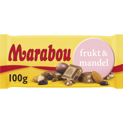 Marabou Frukt & Mandel, a delicious Swedish treat featuring creamy milk chocolate with a blend of fruit pieces and crunchy almonds.