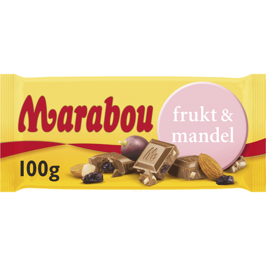 Marabou Frukt & Mandel, a delicious Swedish treat featuring creamy milk chocolate with a blend of fruit pieces and crunchy almonds.