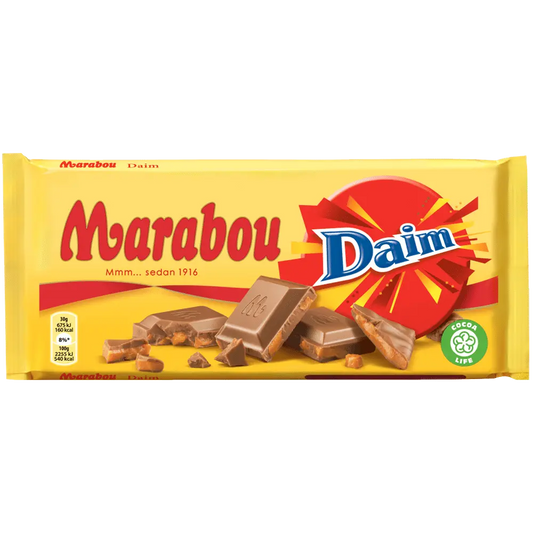 Marabou Milk Daim, a delicious Swedish treat combining crispy almond toffee and creamy milk chocolate for a satisfying crunch.