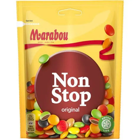 Marabou Non Stop Påse – a bag of Swedish chocolate candies in colorful candy-coated shells.