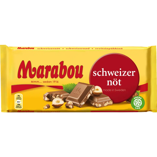 Marabou Schweizernöt, a beloved Swedish treat combining rich milk chocolate and crunchy, roasted hazelnuts for a satisfying bite.