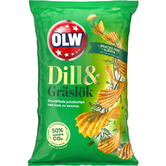 OLW Dill Gräslök – Swedish chips with a unique blend of dill and chive seasoning.