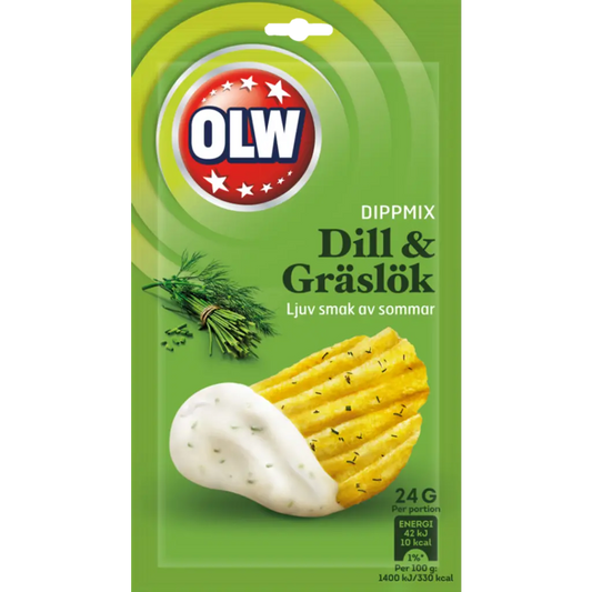 OLW Dippmix Dill Gräslök – a Swedish dip mix with a blend of tangy dill and fresh chive flavors, perfect for chips and veggies.