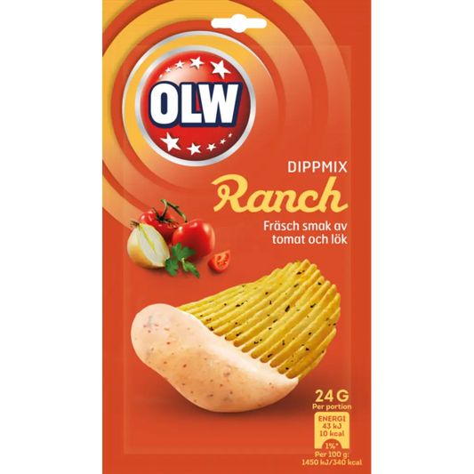 OLW Dippmix Ranch – a creamy Swedish dip mix with classic ranch flavor, perfect for chips and veggies.