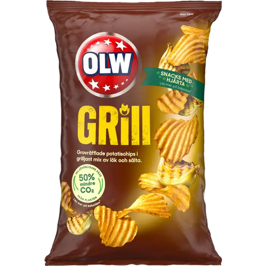 OLW Grill Chips – crispy Swedish potato chips with a savory grill seasoning.