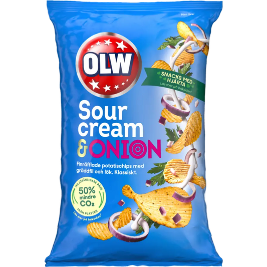 OLW Sourcream and Onion – classic Swedish chips with a savory blend of tangy sour cream and zesty onion flavors.