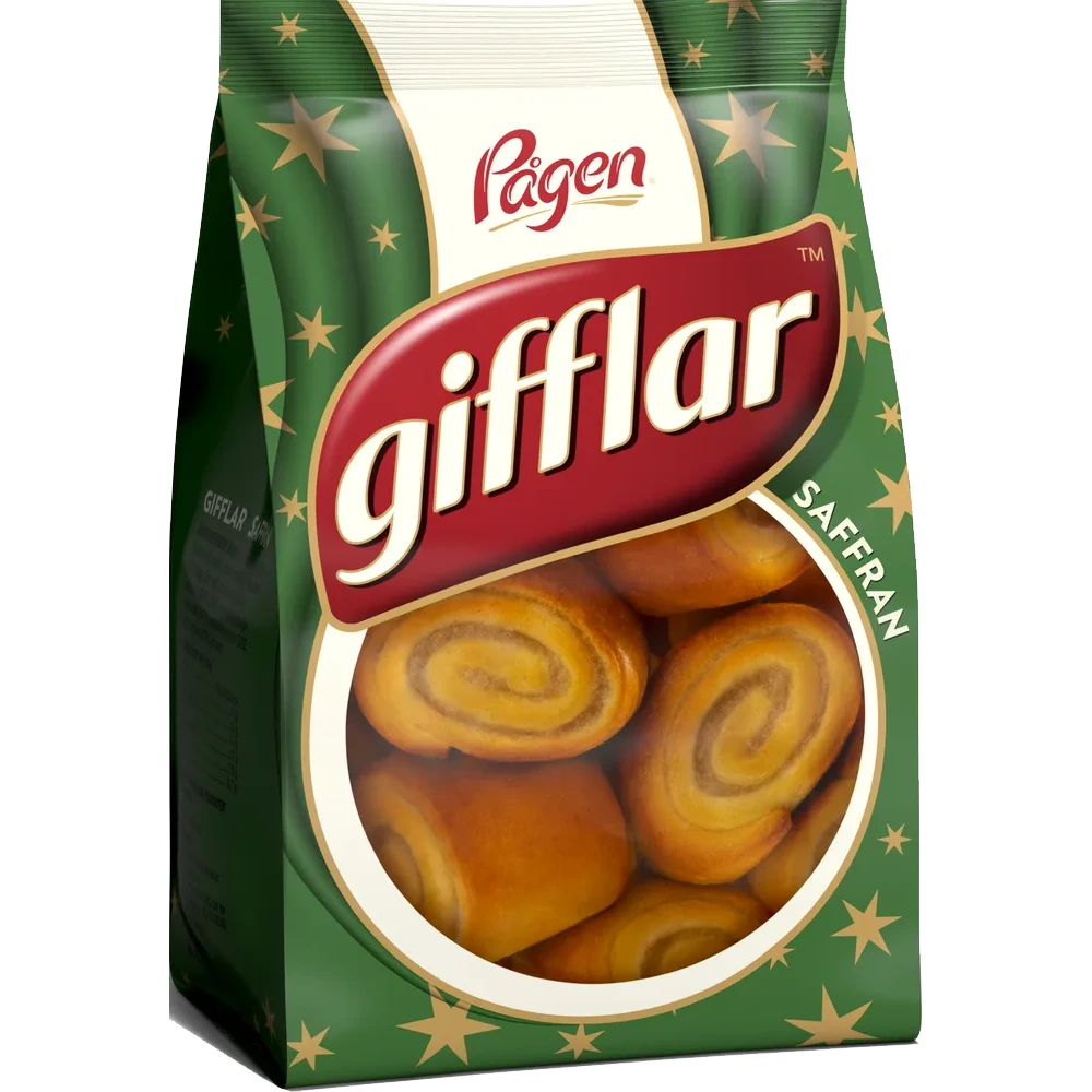 Display of Pågen Gifflar Saffran, soft and golden Swedish pastries with a festive saffron flavor.