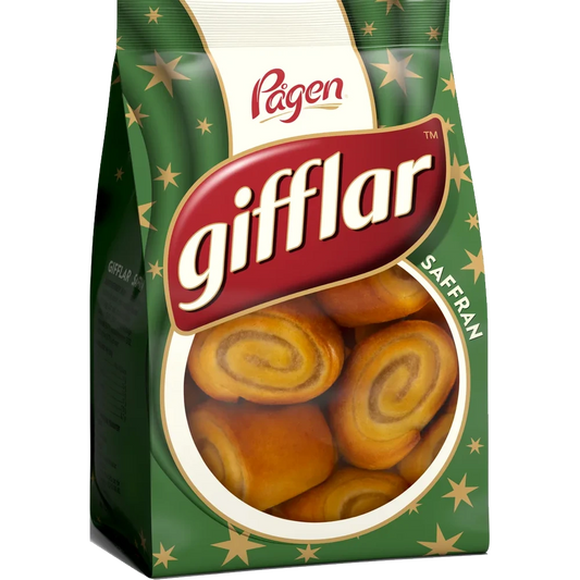 Display of Pågen Gifflar Saffran, soft and golden Swedish pastries with a festive saffron flavor.